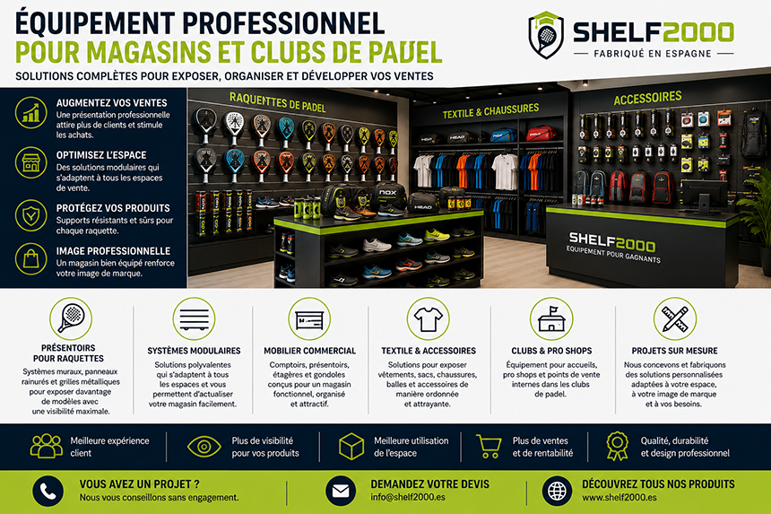 Équipement professionnel pour magasins et clubs de padel, présentoirs pour raquettes, mobilier commercial et solutions de merchandising par Shelf2000